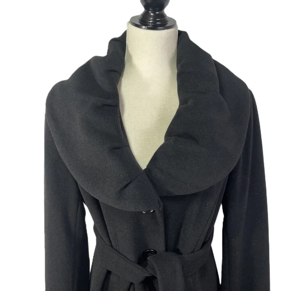 Calvin Klein Wool Blend Belted Tailored Black Coat Collared Knee Length Size 12 - Picture 4 of 16